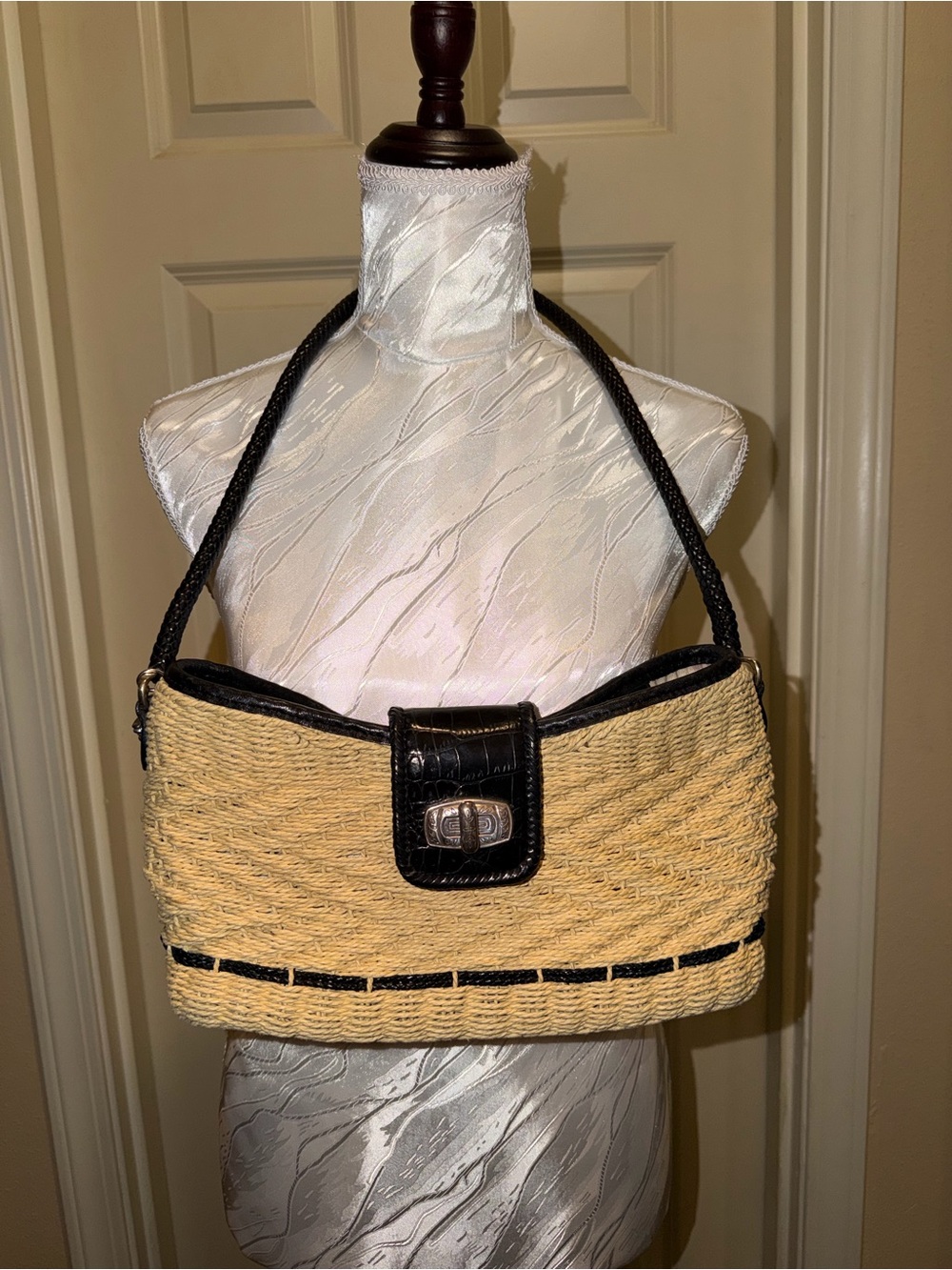 Brighton Straw Shoulder Bag with Black Trim